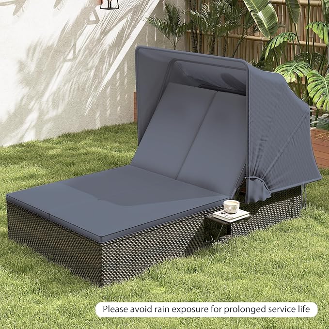 RELAX4LIFE Outdoor Rattan Daybed w/Canopy - Wicker Double Chaise Lounge w/6-Position Backrest, Folding Side Trays & Cushion, 2-Seater Loveseat Sunbed for Backyard, Patio Rattan Bed Lounger (Gray)