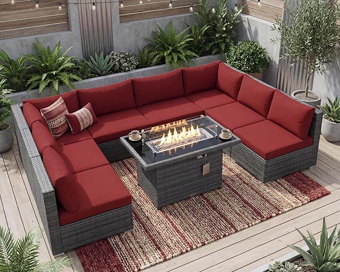 NICESOUL 9 Piece Plus Size Outdoor Patio Conversation Set with Firepit Natural Gas/Propane, 29.3'' High Back Modular Sectional Sofa Sets, Heavy Duty Backyard Furniture, 2 Color Cushion Red & Grey