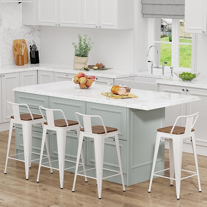 Yongchuang 24 inch Metal Bar Stools Set of 4 Counter Height Barstools Farmhouse Kitchen Bar Chairs with Wood Seat Low Back Cream White