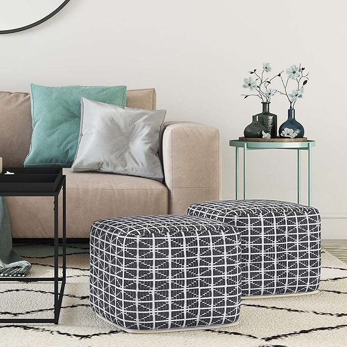 SIMPLIHOME Noreen Square Pouf - 18 inch Wide Upholstered Handwoven Cotton Ottoman in Slate Grey and White, Boho Footstool or Extra Seating for Living Room with Polystyrene Filling, Assembled