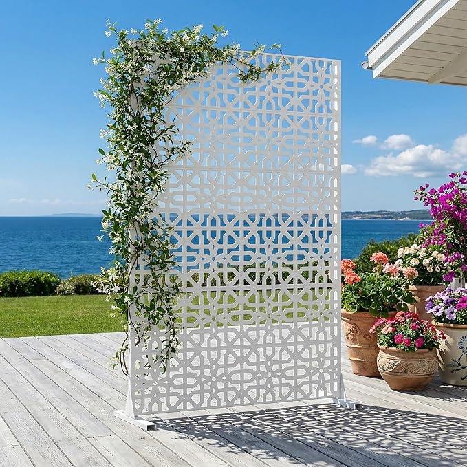 Casaphoria Metal Privacy Screen Outdoor, 72" H x 47" W Freestanding Decorative Privacy Screen for Patio Deck Balcony Garden with Stable Base, White-Perilla