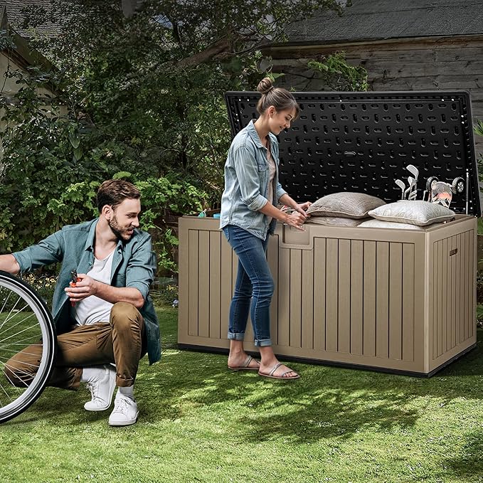 YITAHOME XXL 230 Gallon Large Deck Box,Outdoor Storage for Patio Furniture Cushions,Garden Tools and Pool Equipment with Flexible Divider,Waterproof,Lockable (Black&Brown)