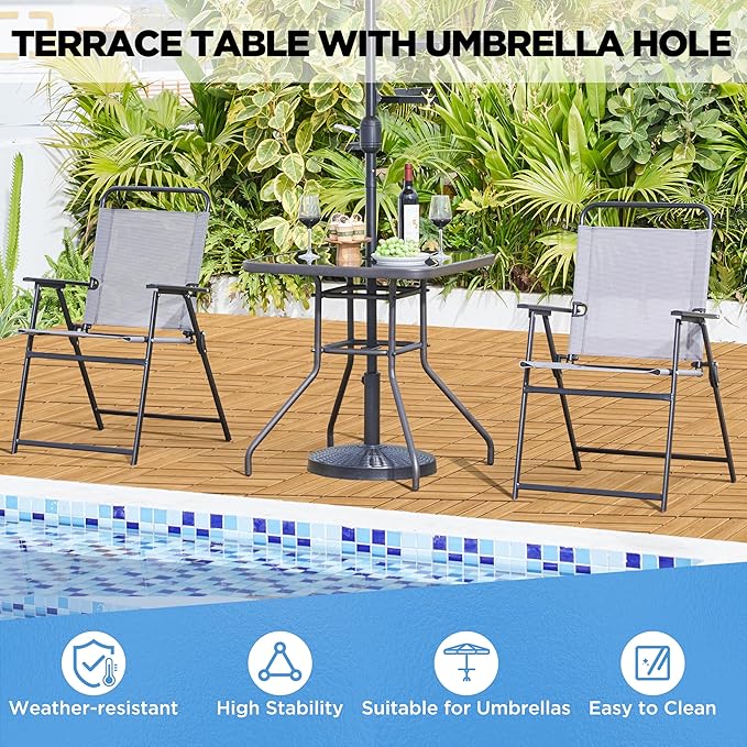 Yaheetech Outdoor Bistro Table with Umbrella Hole, 28in Patio Square Dining Table w/Silk Printing Glass Top, Weather-Resistant Patio Table for Garden Poolside Balcony Backyard, Black