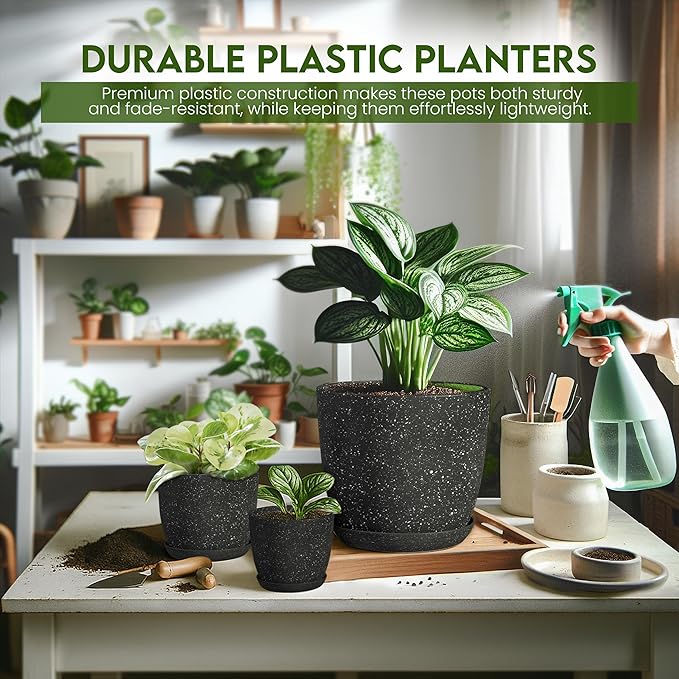 Utopia Home - Spotty Plant Pots Indoor with Drainage - 7/6.6/6/5.3/4.8 Inches Flower Pots - 10 Pack Plastic Planters - Ideal for Stocking Stuffers - (Speckled Black, Pack of 10)