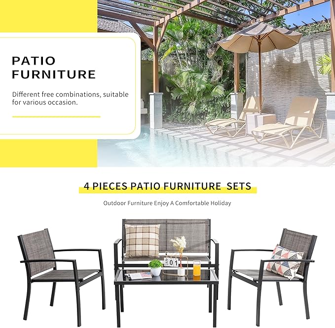 Shintenchi 4 Pieces Patio Furniture Set All Weather Textile Fabric Outdoor Conversation Set, with Glass Coffee Table, Loveseat, 2 Single Chairs for Home, Garden, Lawn, Porch（Light Brown）