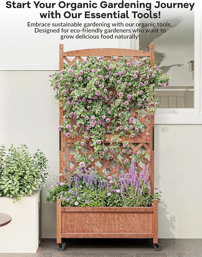 GarveeLife 1PC Wood Planter Box with Trellis - 29.5"x26"x61.5" Tall Raised Garden Bed with Wheels, Drainage Holes, Vertical Flower Stand for Patio Horticulture