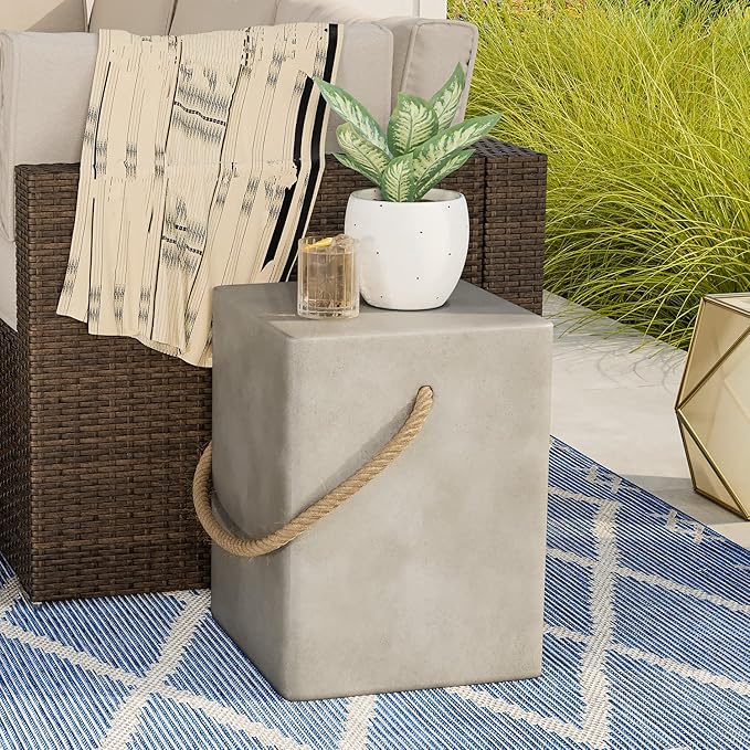 COSIEST Concrete Side Table, Rectangular Outdoor Side Table w Hemp Rope Handles,15''Patio Side Tables End Table, Outdoor Accent Coffe Table for Garden and Patio, Grey