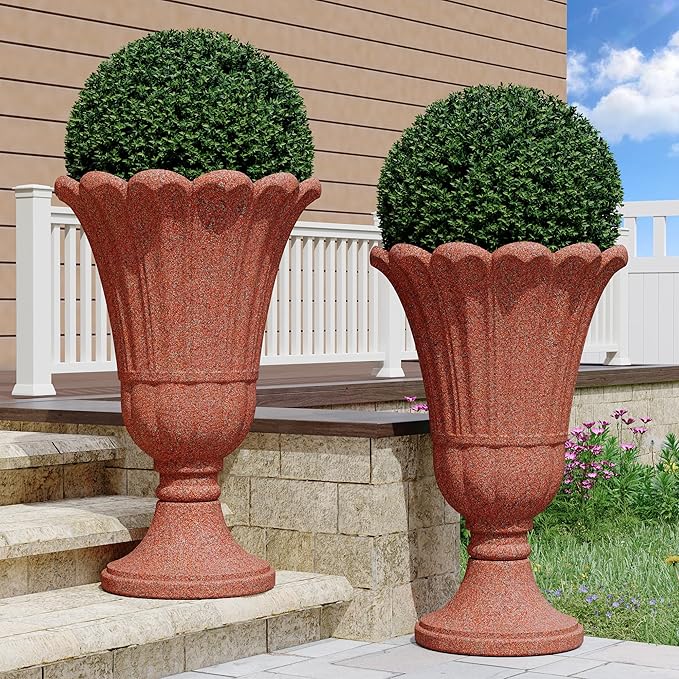 23" Tall Planters for Outdoor Plants Set of 2, Planter with Drainage Holes and Petal Design, Large Outdoor Planters for Porch, Garden, Indoor, Red