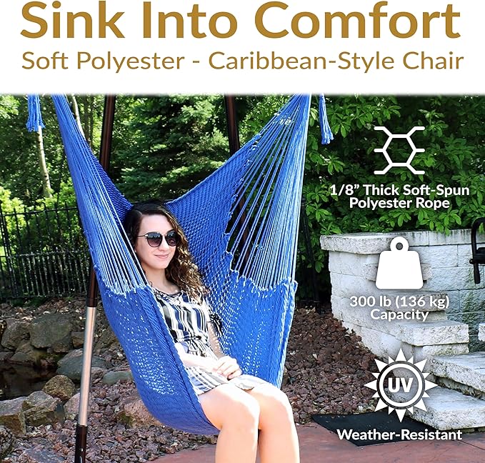 Sunnydaze Outdoor Hammock Chair Swing - Hanging Hammock Swing - Hanging Reading Chair - Soft-Spun Polyester Rope - Caribbean XL - Blue