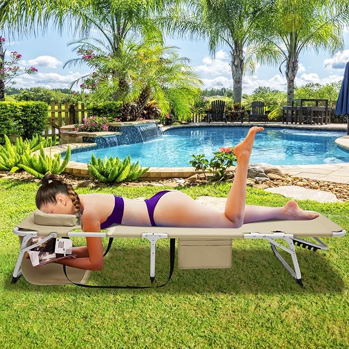 ABORON Heavy Duty Tanning Chair, Outdoor 5-Position Folding Chaise Lounge Chair with Pad, Portable Beach Lounge Chair for Outdoor Sunbathing Patio Pool Lawn Deck Poolside