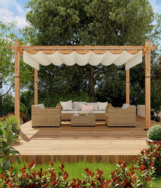 GarveeLife 10 x 13 ft Wood-Grain Aluminum Pergola Outdoor Pergola with Retractable Canopy Sun Shade Shelter for Garden Patio Backyard Deck - Beige