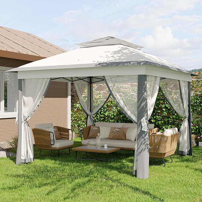11'x11 Pop-Up Gazebo, Instant Outdoor Canopy Tent with Mosquito Nettings, Durable Steel Frame, Water, and UV Proof, for Patio, Garden, Courtyard, Party (Grey)