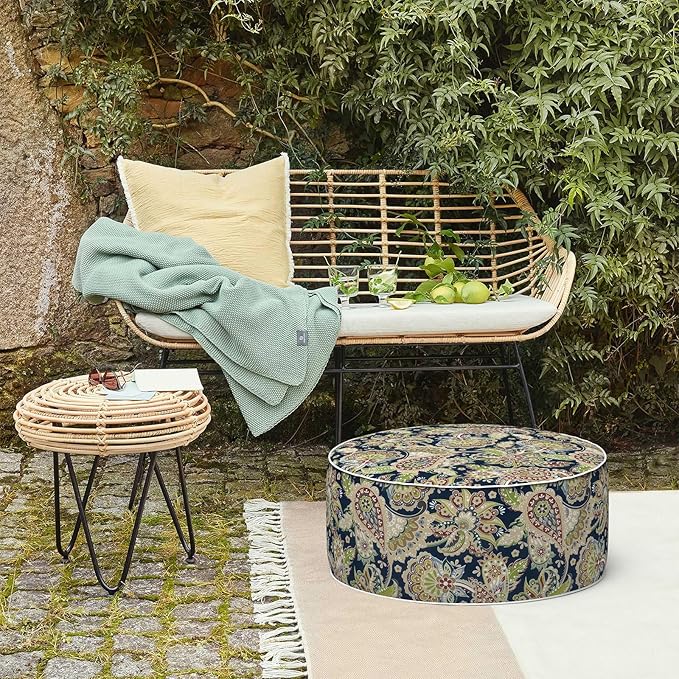 LVTXIII Inflatable Stool Ottoman Footrest with Handle, Decorative Fade-Resistant Foot Stool, Indoor or Outdoor Pouf for Home Garden and Camping Use, 21x21x9, Paisley Sapphire Blue