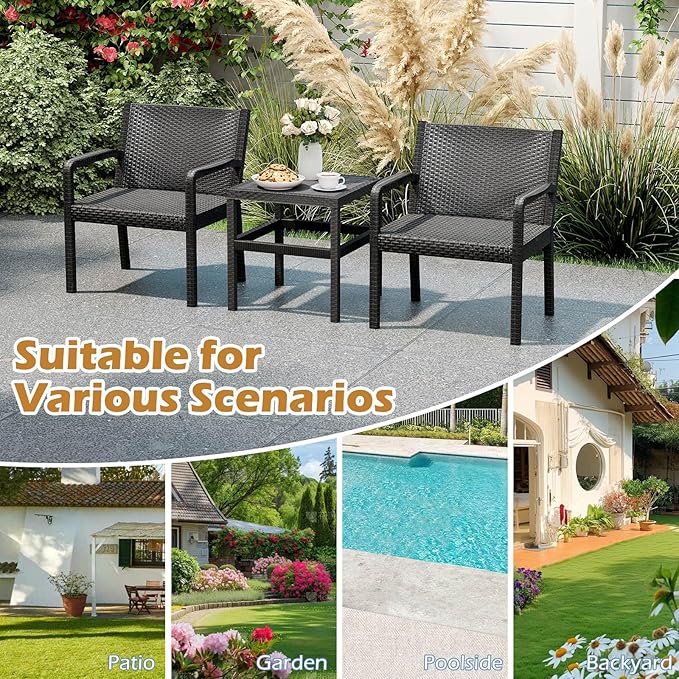 COSTWAY 3 Piece Patio Furniture Set, Outdoor PP Rattan Wicker Furniture Set with 2 Modern Rattan Armchair and 25” Squire Side Table for Patio, Garden, Poolside, Bistro, Black