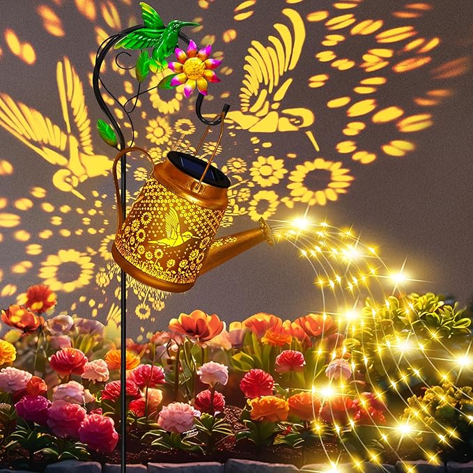 Hummingbird Solar Lanterns Garden Decor, Outdoor Waterproof Watering Can with Shepherd Hook, Solar Garden Decor for Yard Outdoor Landscape Pathway, Gifts for Women Mom Grandma Birthday Christmas Gifts