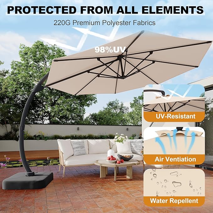 GarveeLife 11FT Cantilever Patio Umbrella With Base Included, Cantilevers Outdoor Umbrella Heavy Duty Offset, Aluminium Curved Cantilever Umbrella