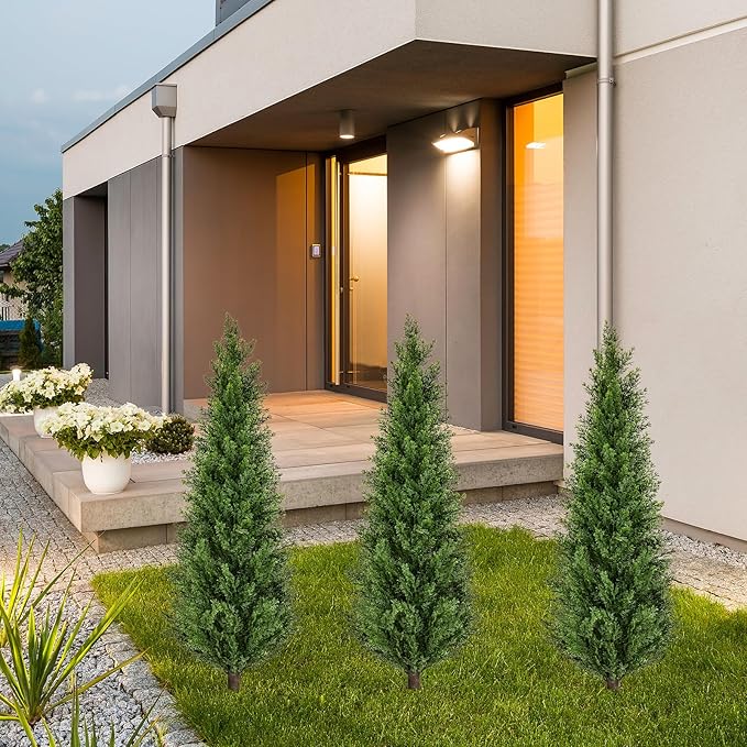 2 Pack 4ft Artificial Cedar Topiary Trees with Ground Spike, Realistic Fake Plants Tree UV Resistant Artificial Plants Indoor Outdoor Faux Plants Evergreen Bushes Shrubs for Porch Garden Office