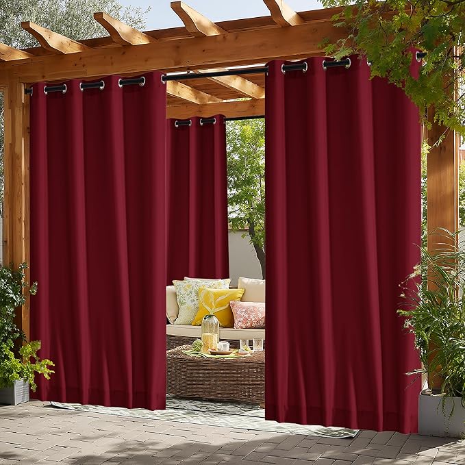NICETOWN Canvas Outdoor Curtains for Paito 2 Panels, Red, W52 x L84 per Panel - Waterproof & Windproof Sun Shades with Grommet & Back Tab & Rod Pocket, Free Rope Included for Bottom Fixing