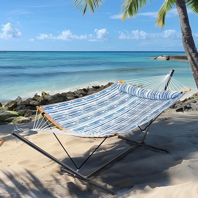 SUPERJARE Hammock with Stand, 2 Person Heavy Duty Hammock Frame, Detachable Pillow & Strong Curved-Bar & Portable Carrying Bag, Perfect for Outdoor & Indoor - Graffiti Blue
