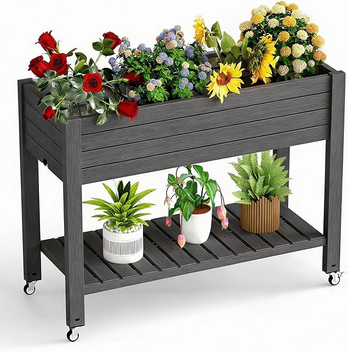 Elevated Raised Garden Bed with Legs, 33.66" Tall Self-Watering Resin Outdoor Planter Box with Storage Shelf, Drain Plug Water & Monitor for Plants Vegetables Flowers Fruits (Black)