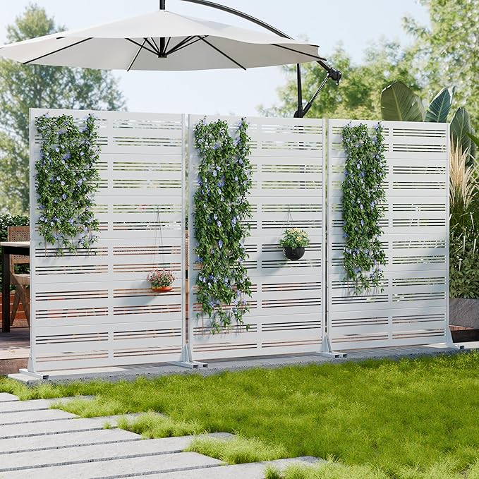 Casaphoria Metal Privacy Screen Outdoor, 72" H x 47" W Freestanding Decorative Privacy Screen for Patio Deck Balcony Garden with Stable Base, White-Harold