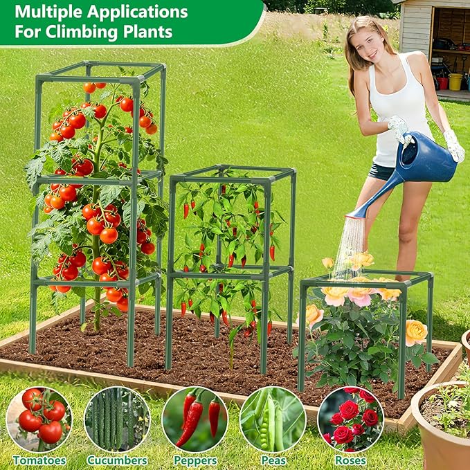 6 Pack Square Tomato Cages, 49.2" Large Upgraded Heavy Duty Steel Tomato Trellis Stakes, Garden Plant Support Cages Kit for Raised Garden Bed, Cucumber Trellis Vegetables and Climbing Plants