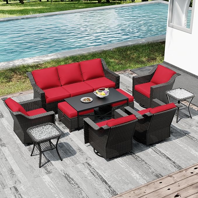 Joyside Wicker Patio Furniture Sets, 10 Pieces Upgraded Large Size Outdoor Furniture with 4 Swivel Rocking Patio Chairs, 3-Seat Sofa, Outdoor Ottoman, Thick Cushions, Wide Armrest, Red