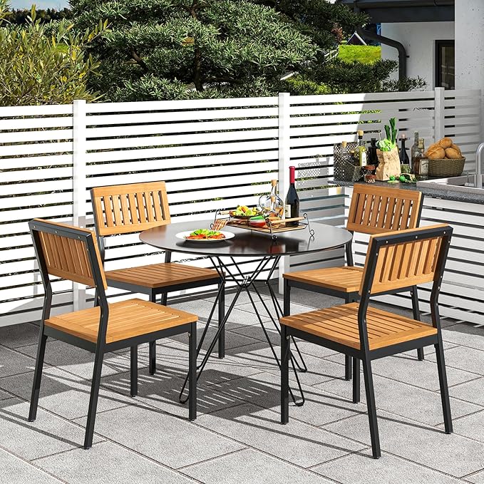 Tangkula 6 Pieces Outdoor Acacia Wood Dining Set, Patio Table and Chairs Set with Bench and 2” Umbrella Hole, Outdoor Patio Dining Furniture Set for Lawn, Garden, Poolside, Backyard