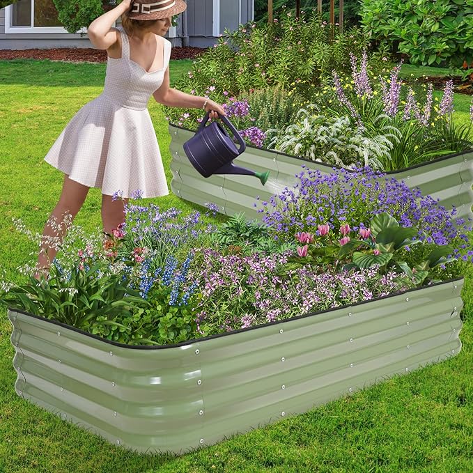 1MORE Raised Garden Bed -5X3X1 Galvanized Planter Box for Outdoor Gardening,4 in 1 Modular Raised Bed Kit with Protective Tape, Gloves for Herb,Ideal for Vegetables and Plants.Green-1Pcak