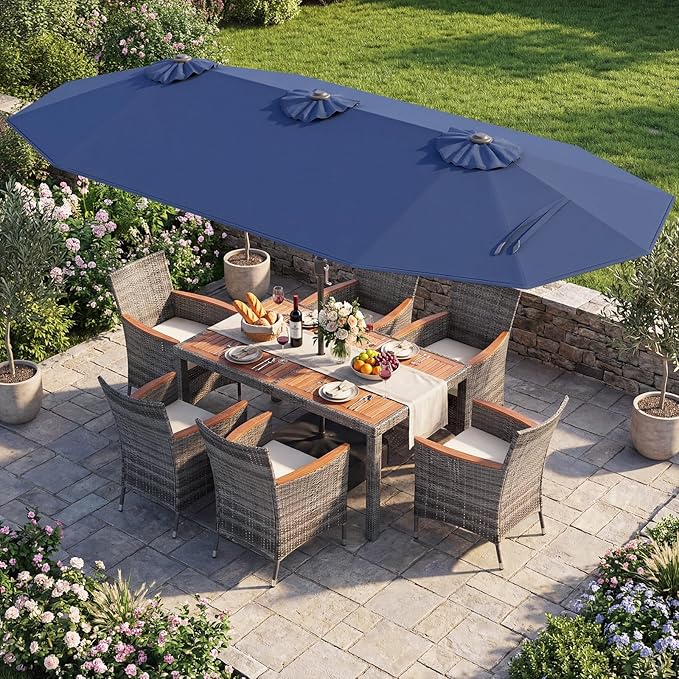 Tangkula 9 Pieces Rattan Outdoor Dining Set with 13Ft Solar Patio Umbrella for 6, Outdoor Wicker Table Set with 8 Cushioned Chairs, Acacia Wood Top, Outdoor Umbrella with Base Included