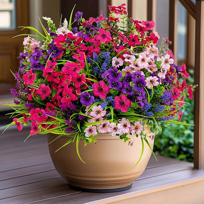 Artificial Flowers for Outdoors Fake Plants - 16 Bundles Faux Outside Greenery Boxwood No Fade Plastic Shrubs Fall Decor Farmhouse Home Garden Thanksgiving Mums (Mix White Purple Pink)