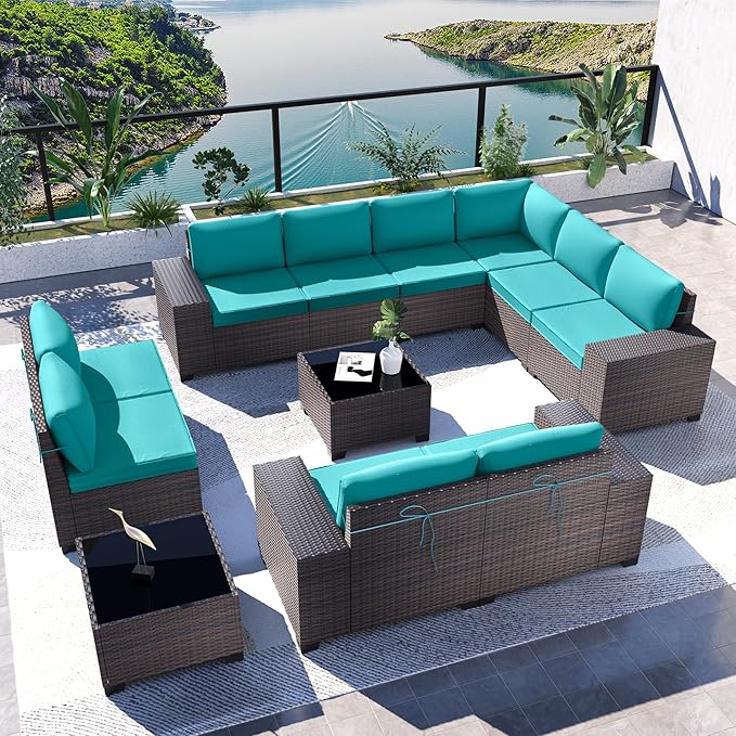 Kullavik 12 Pieces Outdoor Patio Furniture Set PE Wicker Rattan Sectional Sofa Patio Conversation Sets,Blue