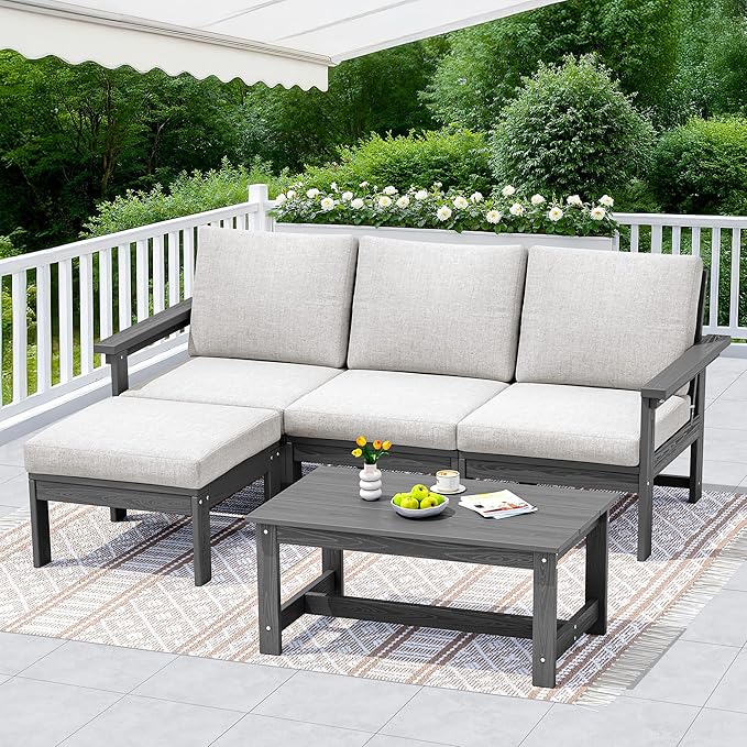 SERWALL Outdoor Sectional Sofa Set, 5-piece Outdoor Modula Couch Set with Ottoman, All Weather Patio Furniture Set with Chaise for Deck, Lawn, Gray Frame with Khaki Cushion