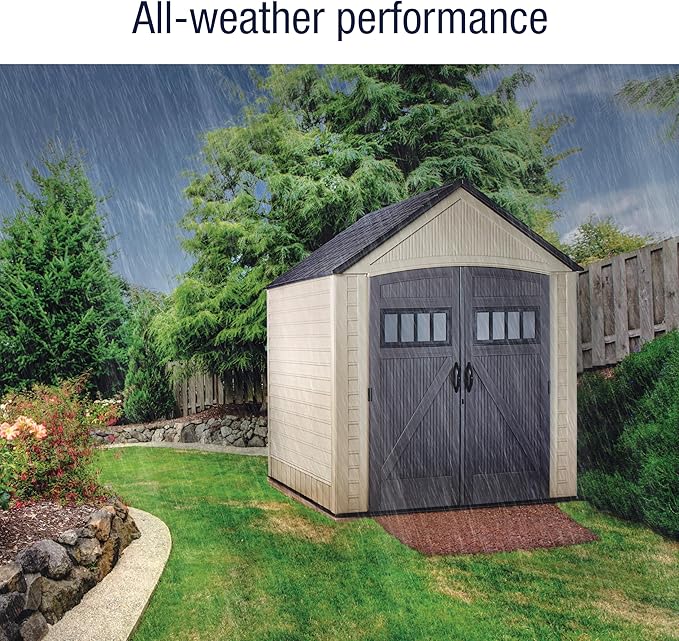 Rubbermaid Resin Outdoor Storage Shed with Floor (7 x 7 Ft) Weather Resistant, Brown Gable, Organization for Home/Backyard/Garden Tools/Lawn Mower/Bike Storage/Pool Supplies