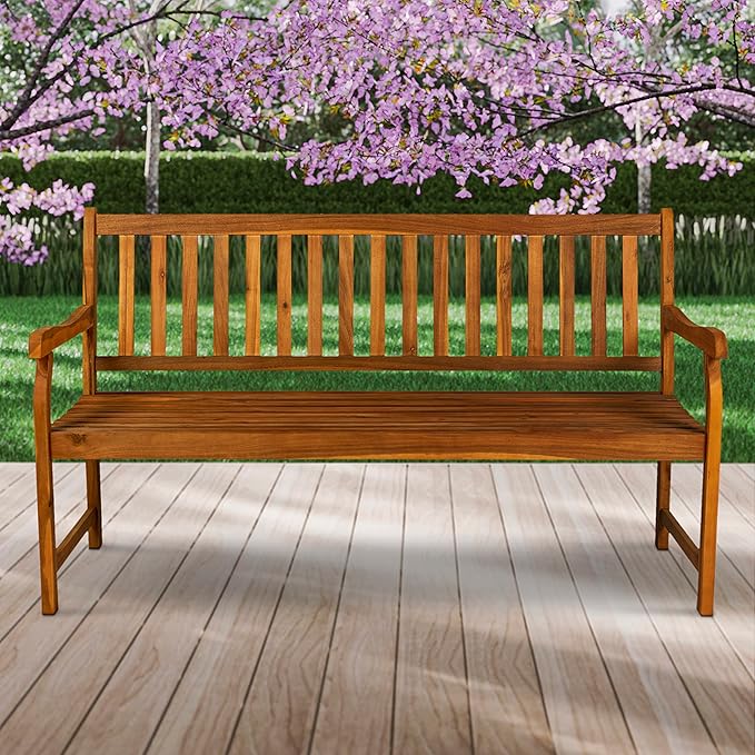 JONATHAN Y BNH101A Laurel 59.1" 3-Seat Slat-Back 600-Lbs Support Acacia Wood Outdoor Garden Patio Bench for Garden, Lawn, Backyard, Pool, Deck, Beach, Firepit, Teak