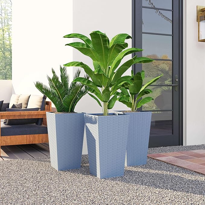Outsunny Tall Planters for Outdoor Plants Set of 3, 24 in Taper Planters with Drainage Holes, Rattan Decor Plant Pots for Indoor Outdoor Front Porch Patio Backyard, Light Gray