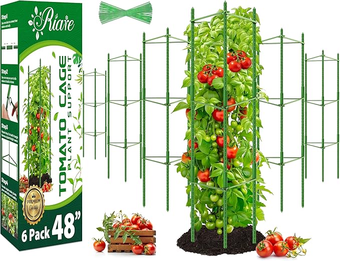 Riare 6 Pack 4 FT Tomato Cages for Garden- 48inches Heavy Duty Garden Stakes, Adjustable Tall Tomato Plant Support Tomato Trellis Cage for Pots, Raised Garden Bed, Climbing Vegetables Plants Flowers