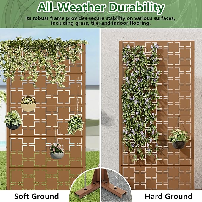 Casaphoria Metal Privacy Screen Outdoor, 60" H x 30" W Freestanding Decorative Privacy Screen for Patio Deck Balcony Garden with Stable Base, Brown-Square