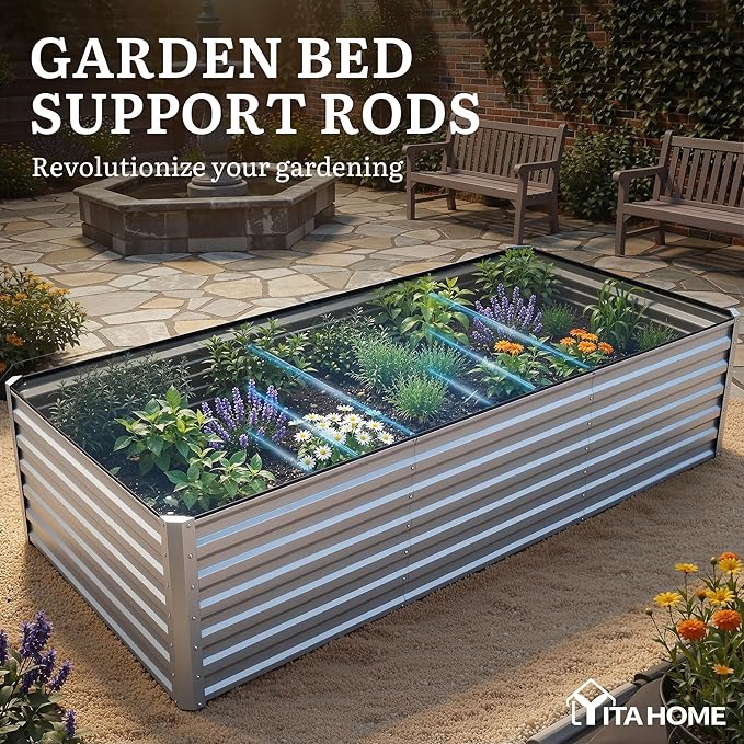 YITAHOME 8x4x2ft Large Raised Garden Bed Kit, Galvanized Metal Planter Box with Gloves, Ground Nails, Support Rod & Safety Rubber, Outdoor Above Ground Planters for Plants Vegetables Flowers, Silver