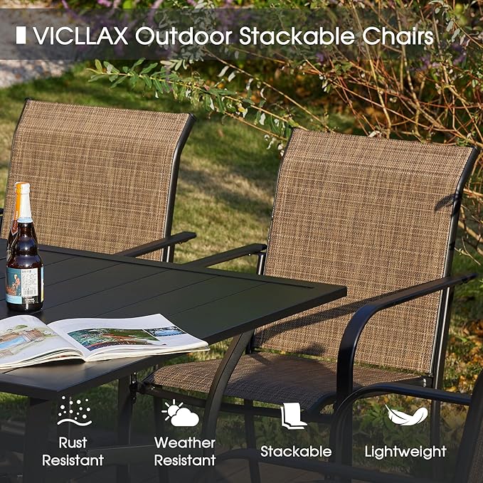 VICLLAX Patio Table and Chair Set of 6, All Weather Metal Round Outdoor Dining Furniture Set-50 Round Outdoor Table and Chairs, Walnut Wood Grain Tabletop