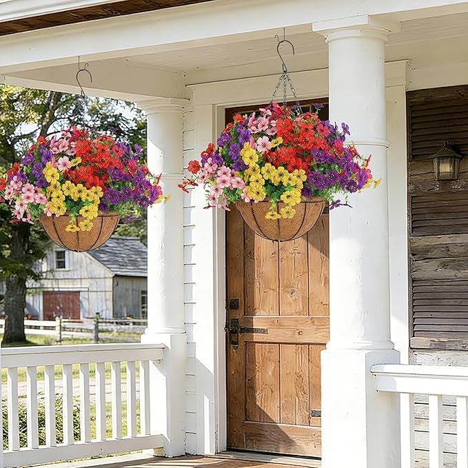 Senjie 2 Set Artificial Hanging Flowers with Basket for Outdoor Decor, UV Resistant 24 Bundles Faux Flowers Fake Hanging Planter for Porch Patio Balcony