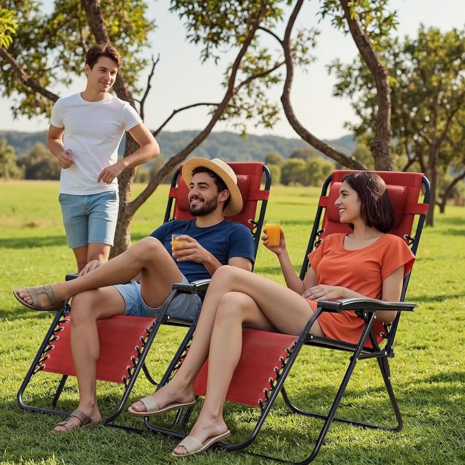 Homall Zero Gravity Patio Folding Lawn Reclining Lounge Chairs Outdoor Gravity Camp Chairs with Cup Holder Pillows for Poolside Backyard and Beach Set of 2 (Red)