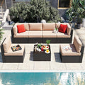 Vongrasig 7 Pieces Patio Furniture Sets, Outdoor Patio Conversation Set PE Rattan Wicker Sectional Sofa Couch with Glass Coffee Table for Garden, Poolside, Backyard, Beige