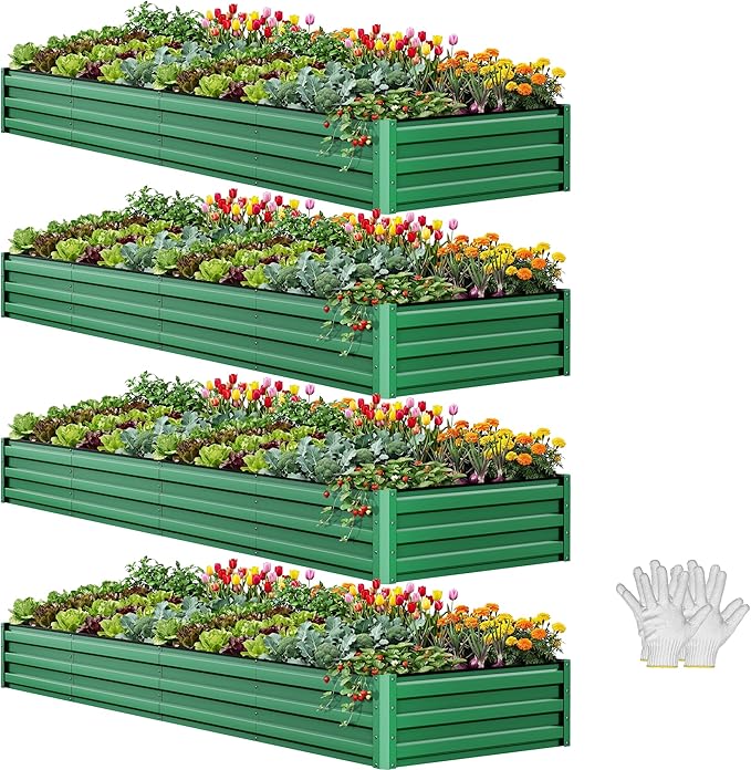 YITAHOME 4pcs 12x4x1 ft Galvanized Raised Garden Bed Kit, Large Metal Planter Box with Gloves, Safety Rubber & Support Rod, Outdoor Flower Bed for Plants Vegetables, Green