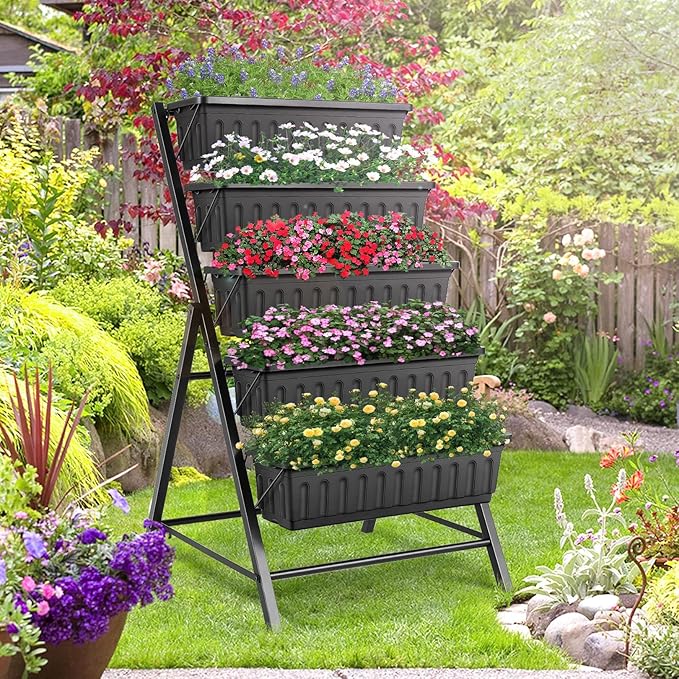 Suyncll Vertical Raised Garden Bed Planter Box,5 Tiers Vertical Garden Planter with Drainage System&4 Hooks for Herb Vegetables Flowers