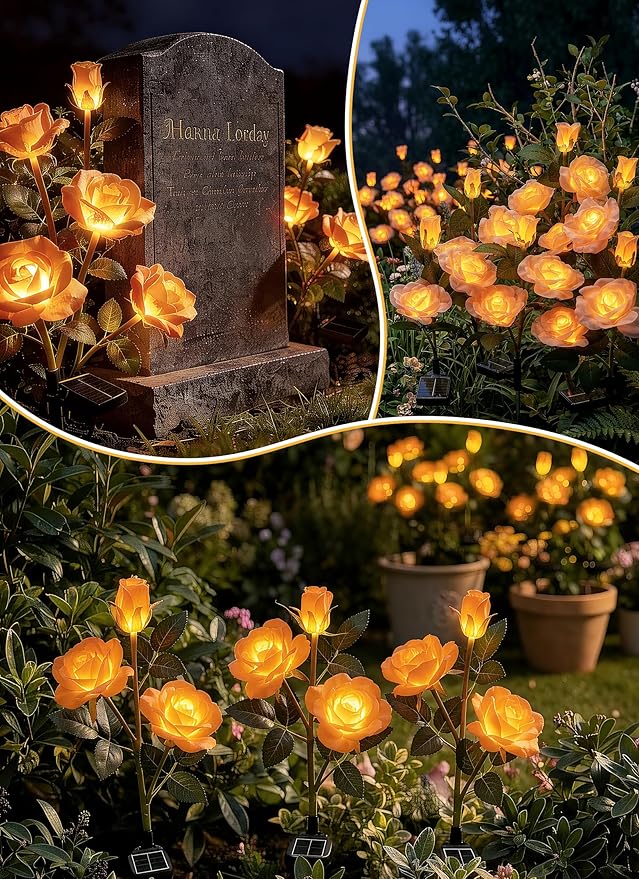Brightown Outdoor Solar Flower Lights, 4 Pack Solar Garden Light with Larger & More Realistic Champagne Rose, Bigger Solar Panel, Waterproof Solar Lights Outdoor for Yard Garden Lawn Pathway Decor