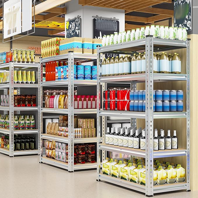 REIBII Garage Shelving, 5 Tier Storage Shelves Load 2400LBS, Adjustable Garage Shelving Heavy Duty, Metal Shelves Unit with Waterproof Columns, 35.5" W x 11.9" D x 72" H, Galvanized, 2 Pack