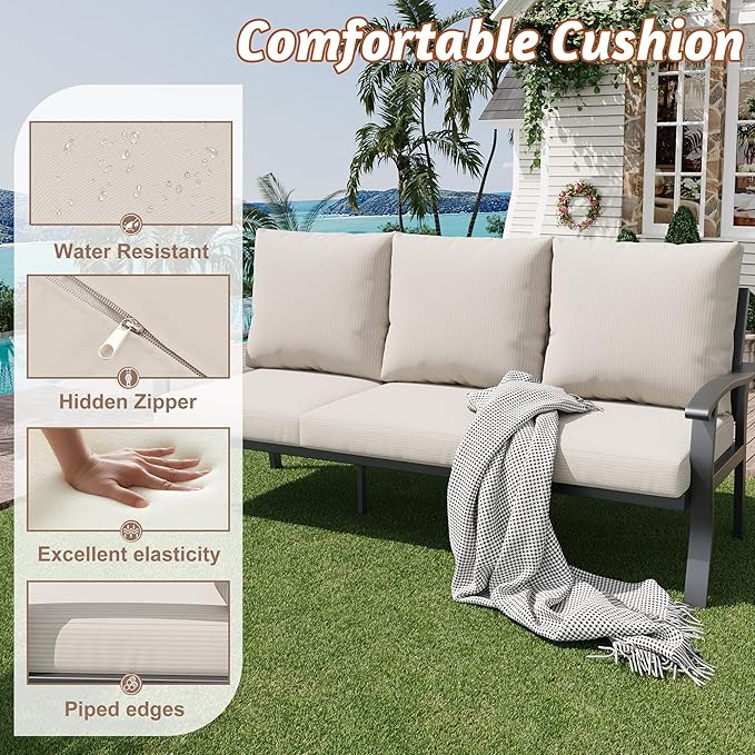 HOMREST Outdoor Couch Aluminum Patio Furniture Sofa, 3-Seat All-Weather Metal Outdoor Patio Furniture with Cushions, Beige