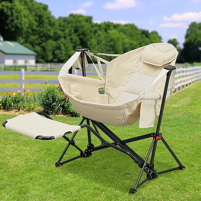 Ainfox Hammock Camping Chair with Footrest, Foldable Portable Rocking Chairs for Adults Outside Swinging Camp with Cup Holder Pillow for Outdoor Patio Poolside (Beige)