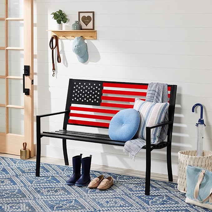 Best Choice Products Outdoor Bench 2-Person Steel Indoor/Outdoor Bench for Garden, Patio, Porch, Entryway w/American Flag, 790lb Capacity – Black/Red
